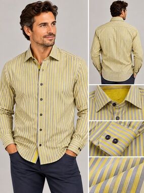 Men's Visconti Yellow and Gray Striped Dress Shirt - Classic Collar